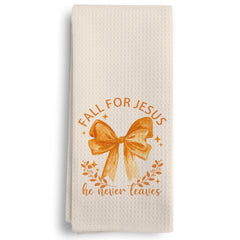 Qeheb Fall for Jesus he Never Leaves Kitchen Towel Bow Decor Orange Bow Decorative Kitchen Towels Fall Autumn Trendy Thanksgiving Hand Dish Tea Towels for Kitchen 16X24In