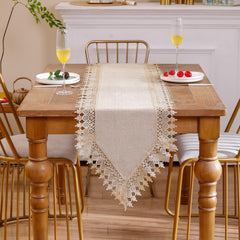 Tosleo Boho Table Runner for Fall Home Decor 15x106 Inches Long Farmhouse Table Runner Khaki Wavy Table Runner with Lacework for Halloween Christmas Dining Living Room Bedroom Bridal Shower