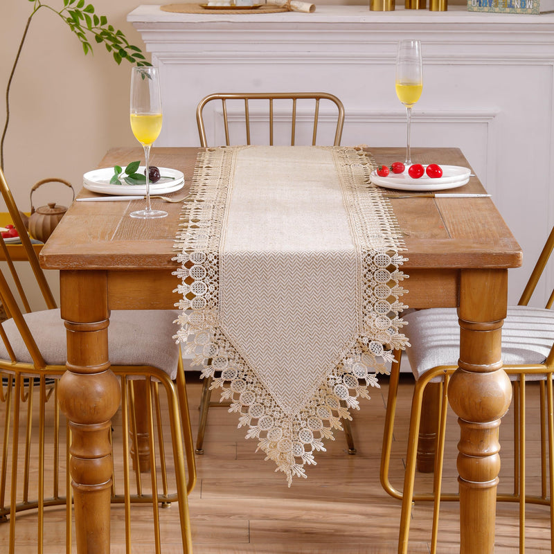 Tosleo Boho Table Runner for Fall Home Decor 15x106 Inches Long Farmhouse Table Runner Khaki Wavy Table Runner with Lacework for Halloween Christmas Dining Living Room Bedroom Bridal Shower