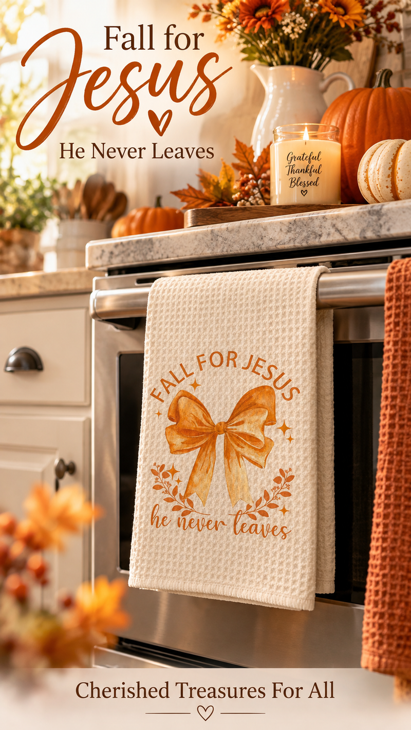 Fall for Jesus “He Never Leaves” Kitchen Towel – 16×24”