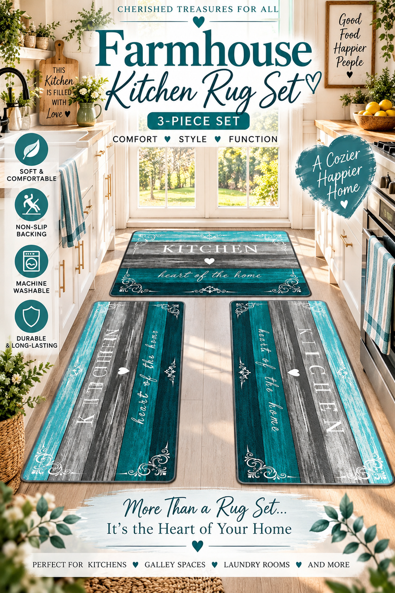 Teal Farmhouse Kitchen Rug Set | 3-Piece Washable Non-Slip Mats