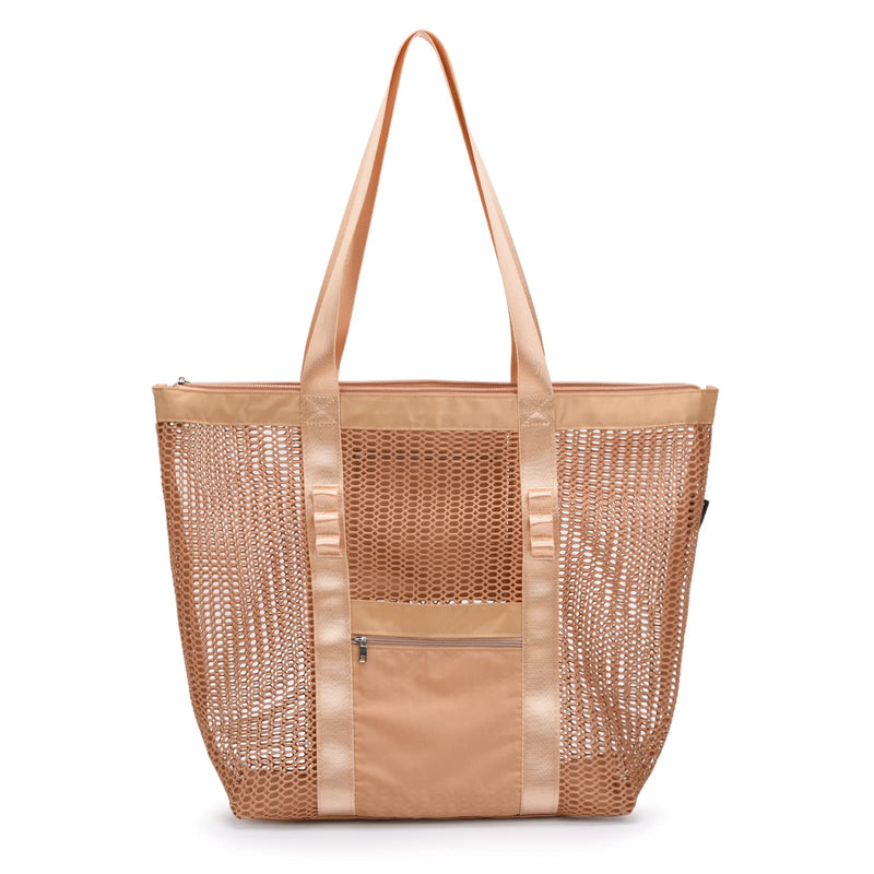Tainehs Mesh Beach Tote Large Zipper Bag 2023 Upgrade for Women with Multiple Pockets for Family Shopping Travel Swimming Waterproof Pool Bag Khaki