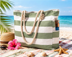 Beach Bag for Women - Large Beach Tote Bag Waterproof Sandproof Beach Bag with Zipper Large Swim Pool Beach Tote Green