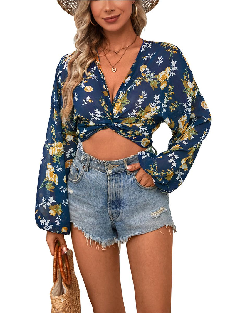 olrain Women Tie Front Beach Cove Up Chiffon Kimono Crop Top Swimming Bikini Bathing Long Sleeve Beach Shirt (Large BlueYellow)