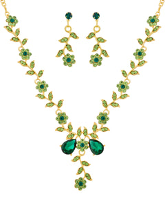 Sacina Green Jewelry Set Flower Leaf Rhinestone Necklace and Earrings Set Vintage