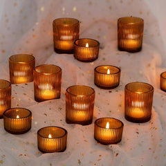 Hewory Glass Tealight Candle Holder: 24 Pcs Amber Votive Candle Holders Tea Lights Candle Holder Ribbed Tea Light Holders Fall Decorations for Thanksgiving Table Centerpiece Wedding Party Home Decor