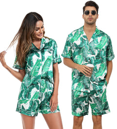 SWOMOG Couple Matching Pajamas Sets Women & Men Button Down Silk Pjs Men Short Sleeve Soft Lounge Sets 2 Pcs Loungewear