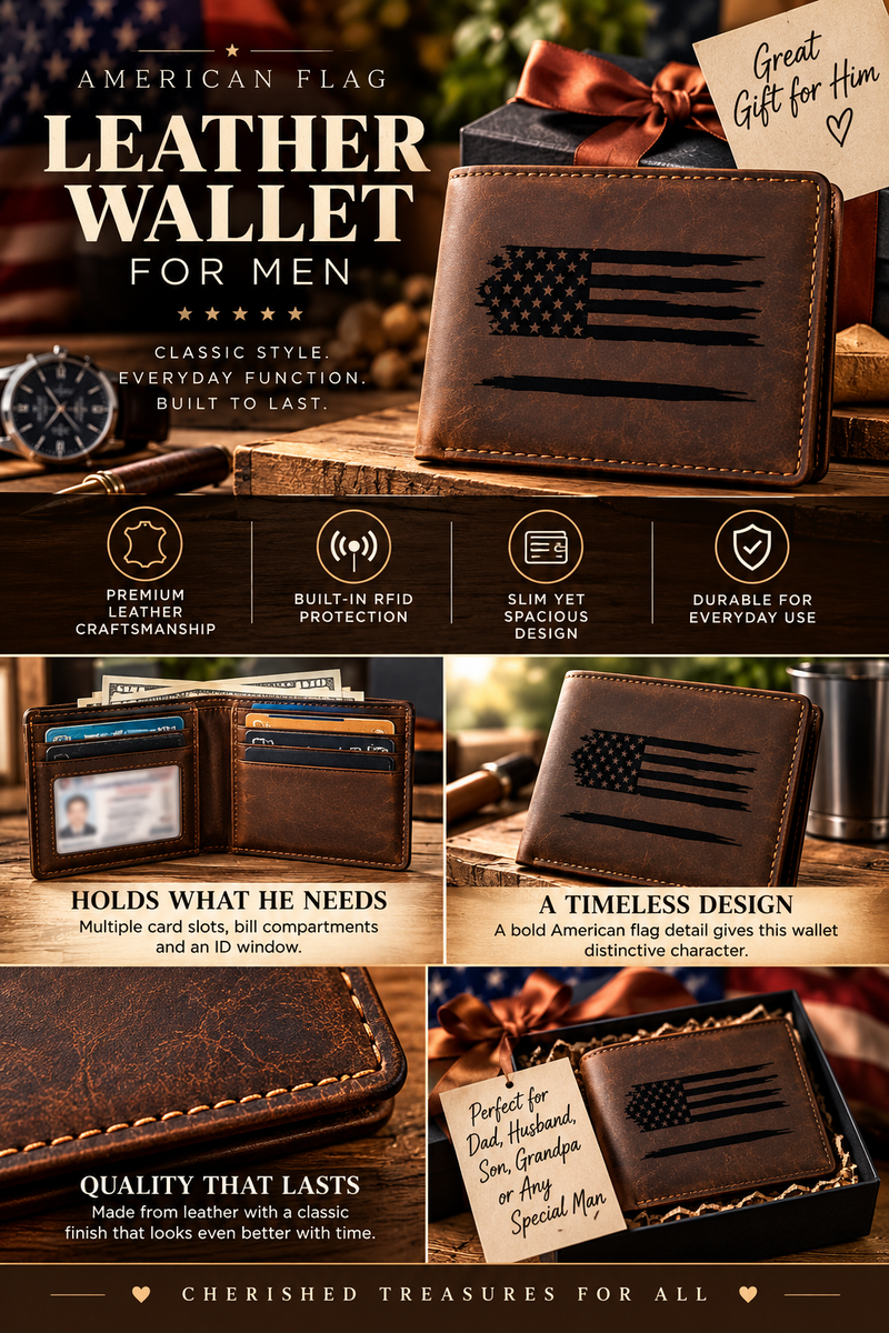 American Flag RFID Leather Wallet for Men – Classic Bifold