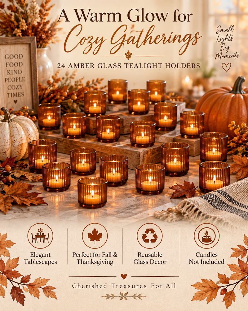 24-Piece Amber Glass Tealight Candle Holder Set | Fall & Table Decor