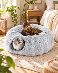 Plush Cat Tunnel Bed for Indoor Cats | 34” Donut Cave with Washable Cushion
