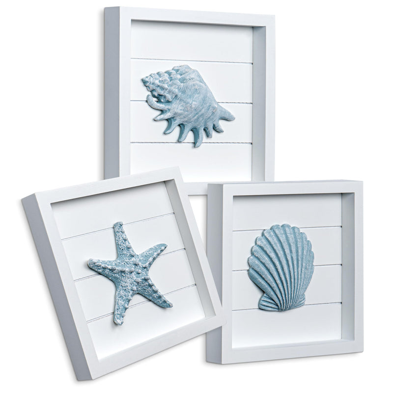 TideAndTales Blue Seashells and Starfish (Framed Set of 3) Coastal 3D Wall Art Beach Wall Decor for Bathroom or Coastal Bedroom Ocean Inspired Beach Decorations for Home or Beach House (7