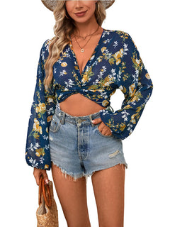 olrain Women Tie Front Beach Cove Up Chiffon Kimono Crop Top Swimming Bikini Bathing Long Sleeve Beach Shirt (Large BlueYellow)