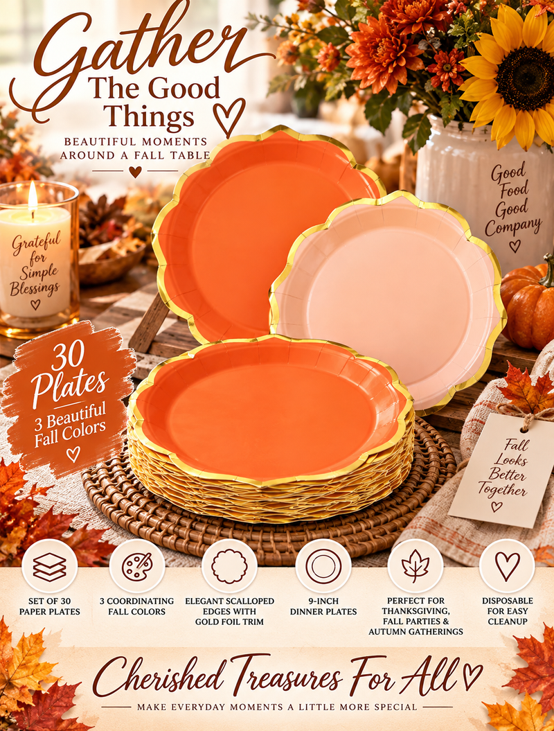 30-Piece Fall Scalloped Paper Plates | Gold Foil Party Plates