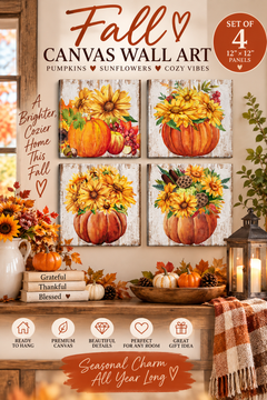 Fall Pumpkin & Sunflower Canvas Wall Art | Set of 4