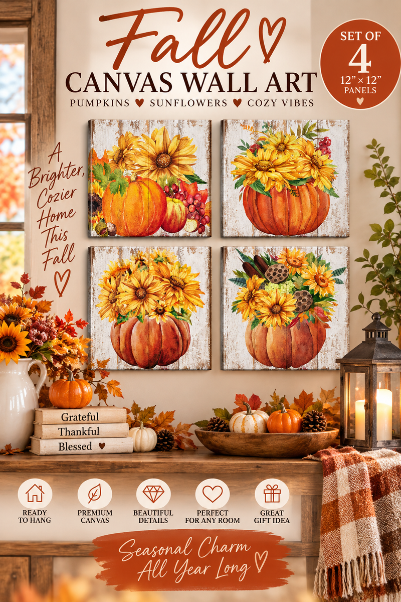Fall Pumpkin & Sunflower Canvas Wall Art | Set of 4