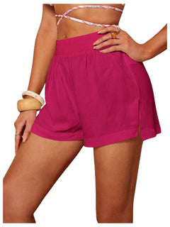 SOLY HUX Swim Cover Up Shorts for Women Sheer Split Beach Shorts Bikini Shorts Beach Swimwear Plain HotPink Large
