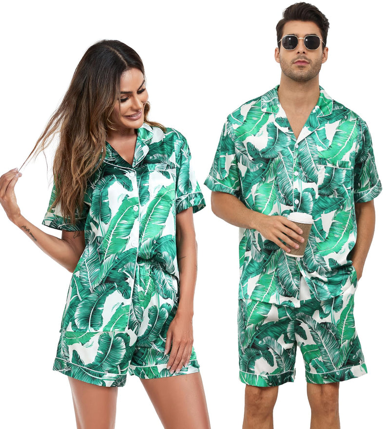 SWOMOG Couple Matching Pajamas Sets Women & Men Button Down Silk Pjs Men Short Sleeve Soft Lounge Sets 2 Pcs Loungewear