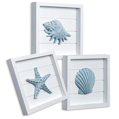 TideAndTales Blue Seashells and Starfish (Framed Set of 3) Coastal 3D Wall Art Beach Wall Decor for Bathroom or Coastal Bedroom Ocean Inspired Beach Decorations for Home or Beach House (7"x7")