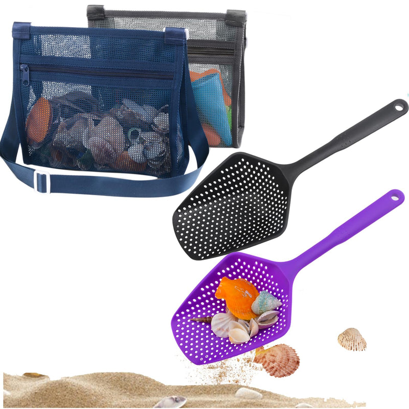 Beach Mesh Shovel with Beach Mesh Bag Beach Shell Bags for Holding Beach Shell Toys Kids Filter Sand Scooper for Picking Up Shells Shark Tooth Sifter Dipper Beach Toys Accessories