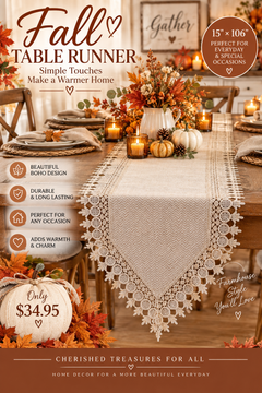 Boho Lace Farmhouse Table Runner | 15” × 106”