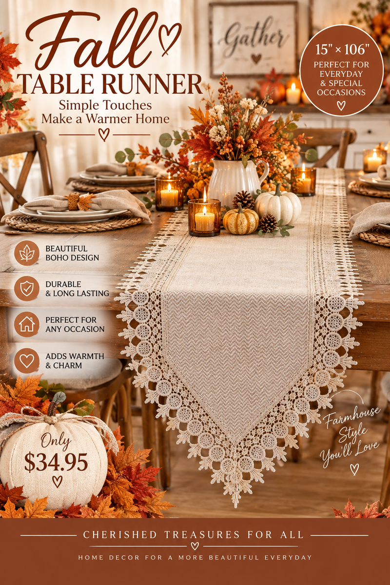 Boho Lace Farmhouse Table Runner | 15” × 106”