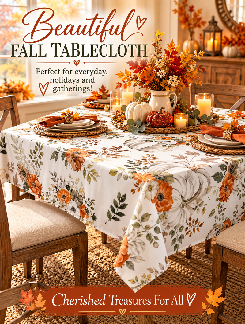 Fall Pumpkin & Floral Tablecloth – 60” Square Thanksgiving Table Decor