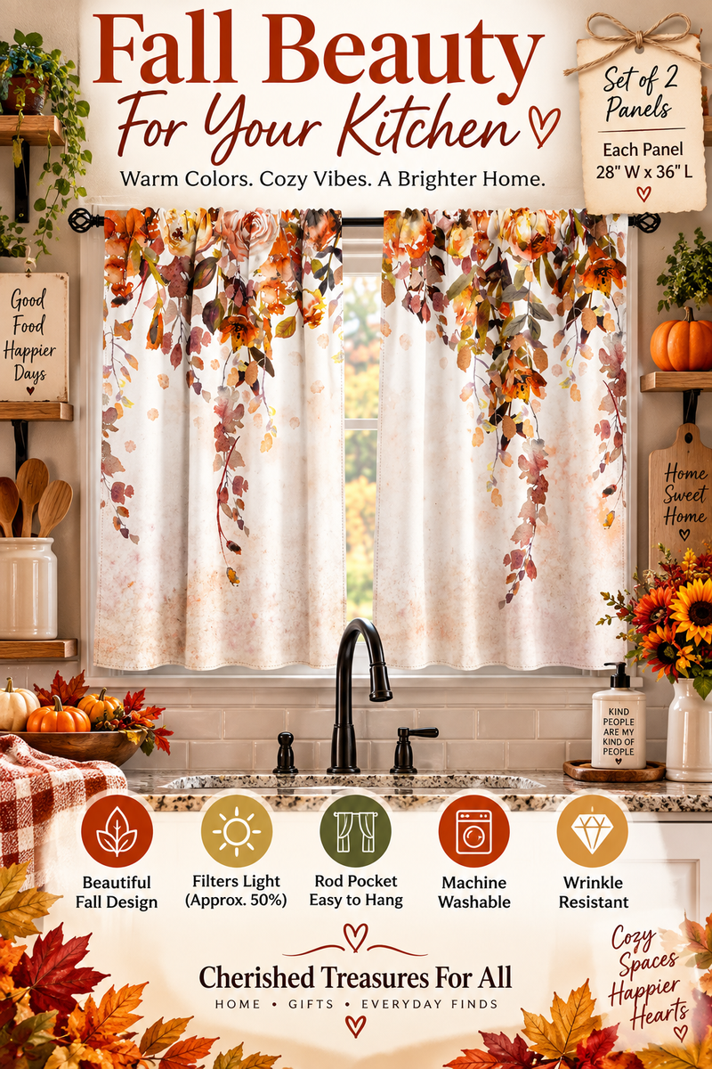 Aimego Fall Floral Leaves Kitchen Curtains - Rustic Watercolor Art Plant Flower Botanical Country Nature Short Cafe Tier Curtains Decor for Dining Room Rod Pocket Window Drapes 2 Panels Set 28