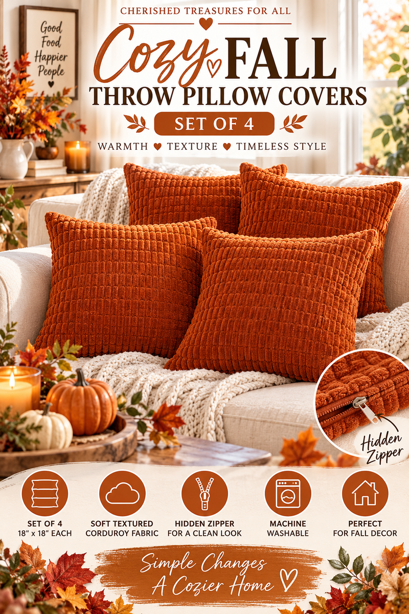 Set of 4 Rust Corduroy Throw Pillow Covers – 18” x 18” | Cozy Fall Home Décor