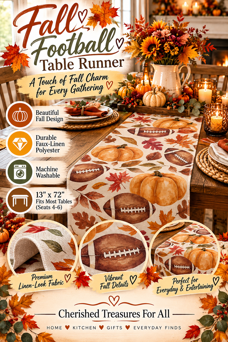 ZAEW Fall Football Maple Leaf Pumpkin Table Runner Autumn Table Decoration for Home Kitchen Indoor Holiday Decor 13x72 Inch