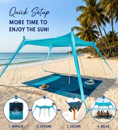 Beach Canopy Beach Tent 11x11 FT UPF50+ Beach Blanket Included Sun Shelter Beach Shade Canopy with 4 Stability Poles Easy to Setup Outdoor Shade for Beach Camping Backyard and Picnics