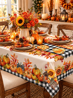 Fall Pumpkin & Plaid Tablecloth – 52” x 70”