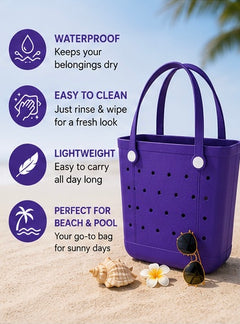UeKeKicg Small Beach Bag Rubber Beach Tote Bag Waterproof Washable Durable Open Beach Bag Tote for Beach Boat Pool Sports (Purple)