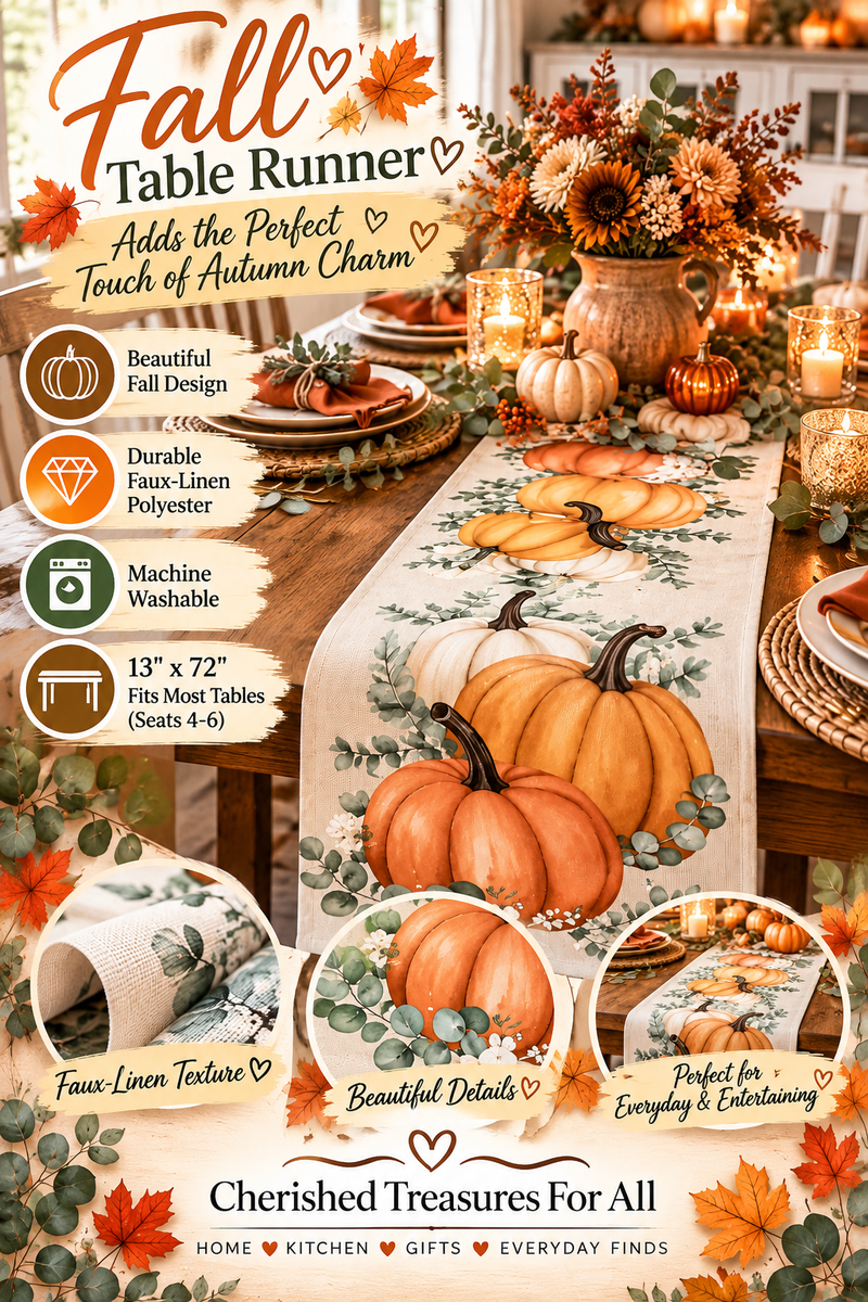 Pumpkin & Eucalyptus Fall Table Runner – 13” x 72”