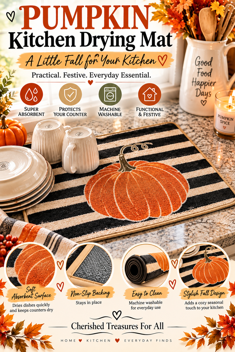 Pumpkin Kitchen Drying Mat | 18” x 24” Absorbent Fall Counter Mat