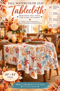 Fall Watercolor Leaf Tablecloth – 60” × 84” Oval | Autumn & Thanksgiving Decor