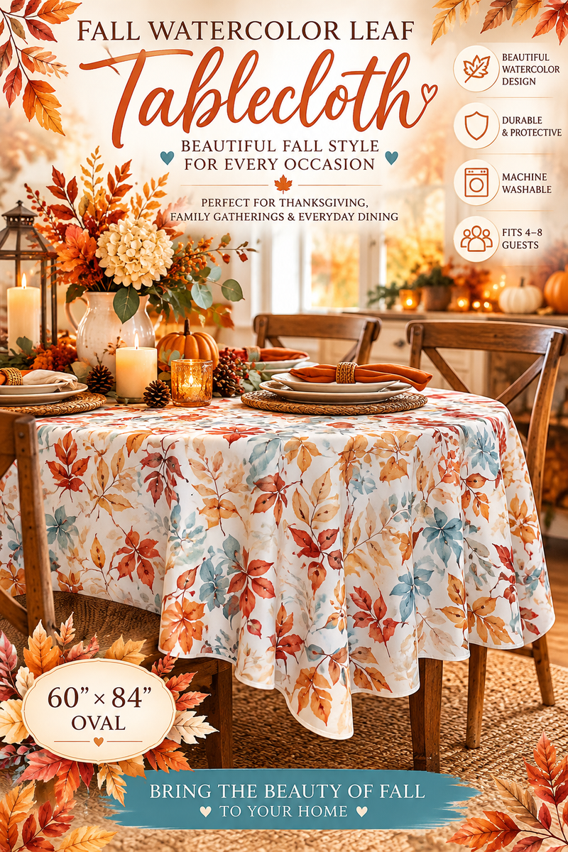 Fall Watercolor Leaf Tablecloth – 60” × 84” Oval | Autumn & Thanksgiving Decor