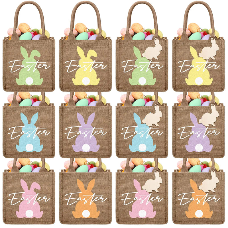 Huhumy 12 Pack Easter Burlap Bags with Tags Easter Goodie Treat Bags for Kids Easter Favor Bunny Eggs Easter Gift Bags(Easter)