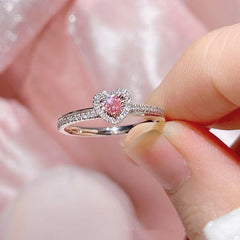 Elegant Pink Love Adjustable Zircon Ring and Bracelet