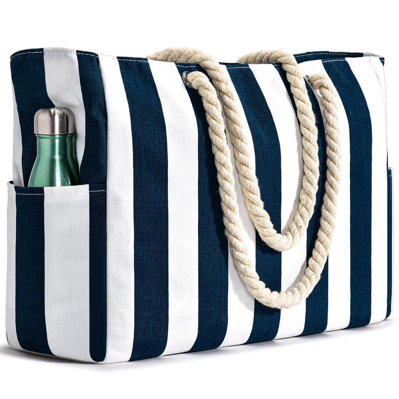 Becokan Beach Bags for Women Pool Bag Waterproof Sandproof Beach Bag Large Beach Swim Bag with Zipper Stripe Beach Bag Tote