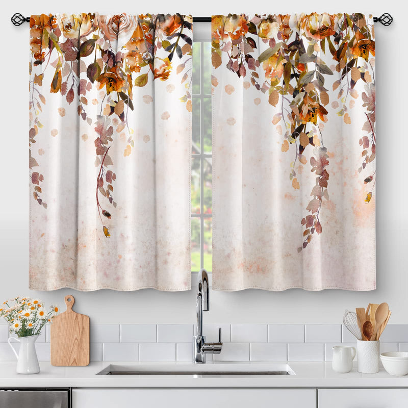 Aimego Fall Floral Leaves Kitchen Curtains - Rustic Watercolor Art Plant Flower Botanical Country Nature Short Cafe Tier Curtains Decor for Dining Room Rod Pocket Window Drapes 2 Panels Set 28