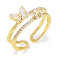 Jean Beau Gold Flower Butterfly Open Ring for Women Teen Cute Sparkly Rhinestone CZ Rainbow Seashell Floral Stackable Statement Mother’s Day Prom Jewelry Gift
