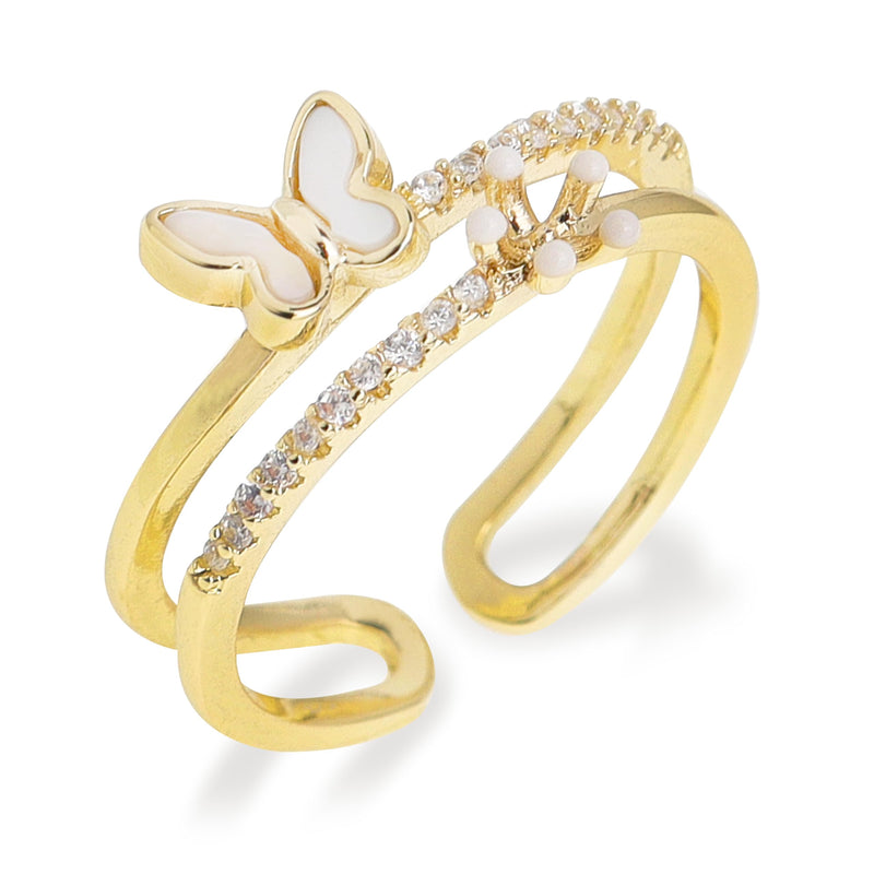 Jean Beau Gold Flower Butterfly Open Ring for Women Teen Cute Sparkly Rhinestone CZ Rainbow Seashell Floral Stackable Statement Mother’s Day Prom Jewelry Gift
