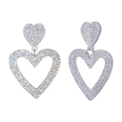 Glitter Heart Earrings Acrylic Double Heart Dangle Earrings for Women Valentines Day Jewelry Gift for Girlfriend Wife(Silver)