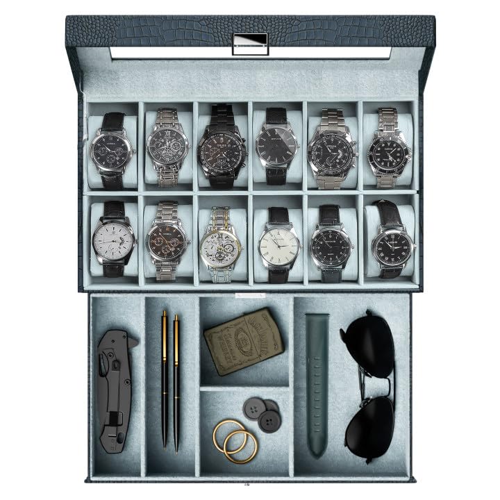 ProCase Watch Box for Men 12 Slot Mens Watch Case With Drawer Watch Display Case With Glass Lid 2-Layer Watch Holder Organizer Jewelry and Watch Storage for Men Women -12Slot MidnightGreen