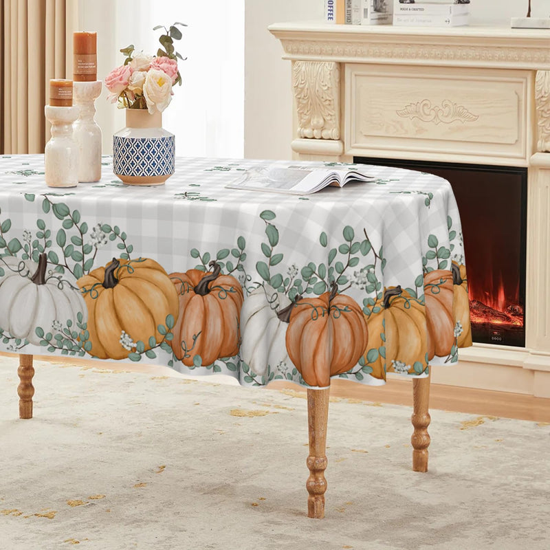 Horaldaily Fall Tablecloth 50×70 Inch Oval Thanksgiving Autumn Harvest Orange Pumpkin Buffalo Plaid Washable Table Cover for Party Picnic Dinner Decor
