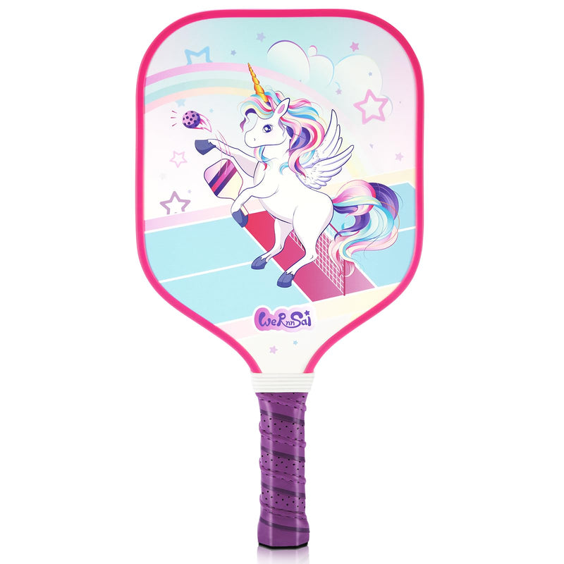 WERNNSAI Unicorn Pickleball Paddle for Kids - Lightweight Fiberglass Pickleball Paddle with Small Grip Child Size Youth Pickleball Set Cute Sports Gifts for Children Under 12