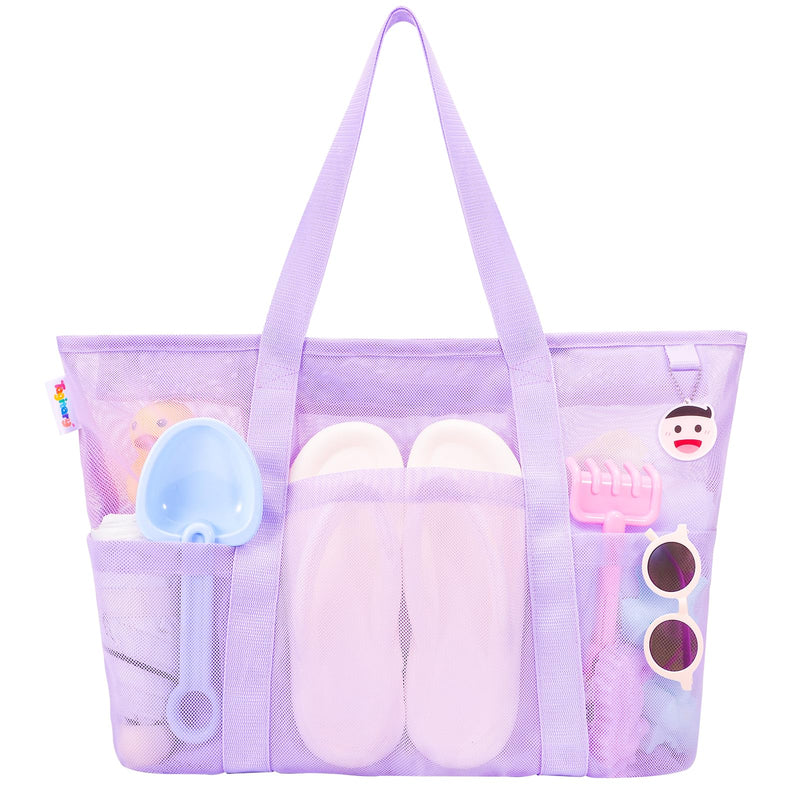 Tagitary Beach Toys Mesh Beach Bag with Zipper and 8 Pockets Purple Large Beach Tote Waterproof Sandproof for Camping Sports Pool Swim Bag Foldable Beach Accessories Storage Travel Bag
