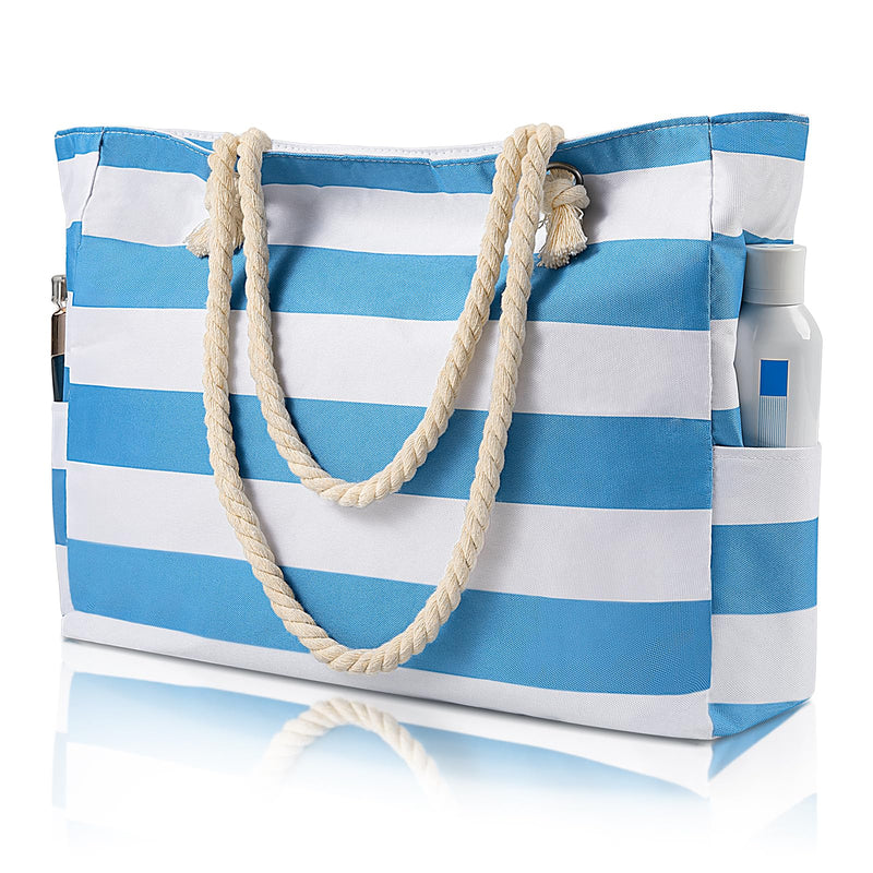 Blue Striped Beach Tote Bag – Large Zippered Carryall