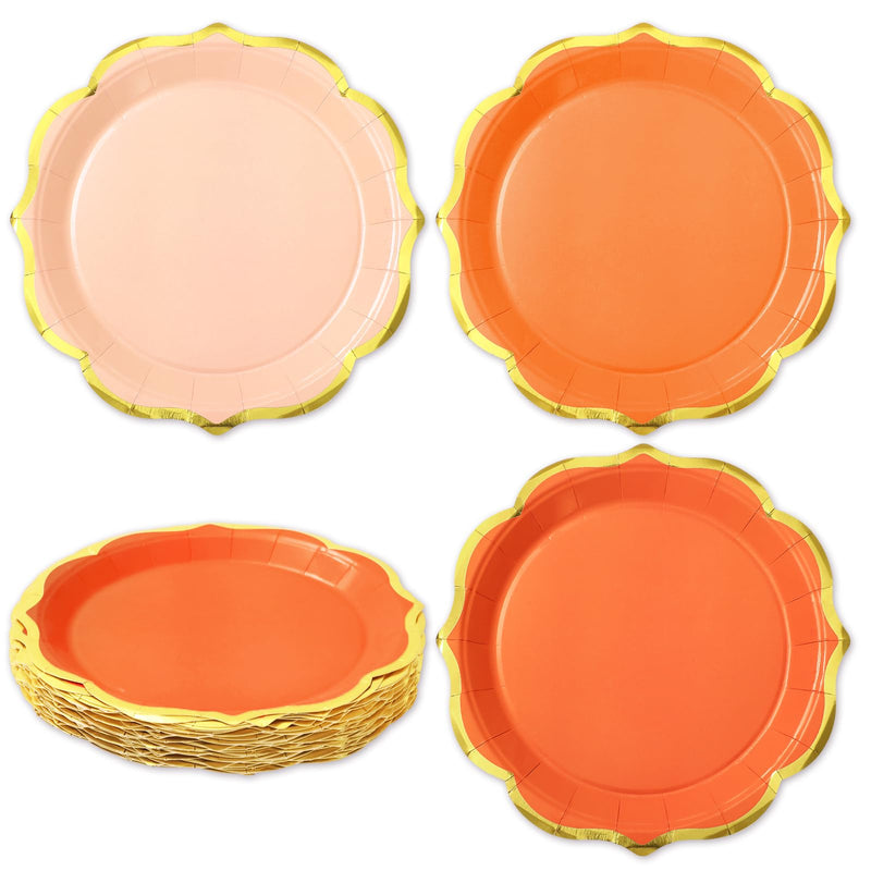 Whaline 30Pcs Orange Paper Plate Gold Foil Scalloped Disposable Plate Retro 3 Colors Dinner Plate For Fall Thanksgiving Party Supplies Table Decor 9 Inch