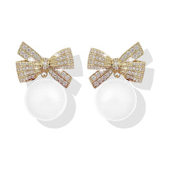 White Bow Earrings for Women Trendy Rhinestone Bow Pearl Dangle Earrings for Women Cute Stuff Bow Jewelry Valentines Day Gifts